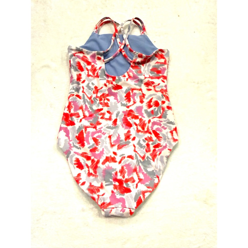 Zella Girls Size 12 One Piece Reversible Swimsuit Abstract Red Purple High Neck - Picture 4 of 6